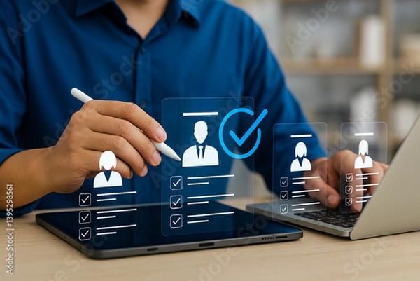 Fototapeta Online Recruitment Process Digital Tablet Application Modern Business Human Resources Management Efficient Candidate Selection Professional Job Search Employment Hiring Process Effective Teamwork     