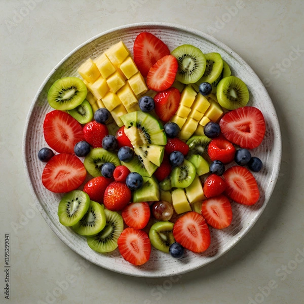 Fototapeta Top View of Mixed Fruit Plate with Vibrant Summer Fruits

