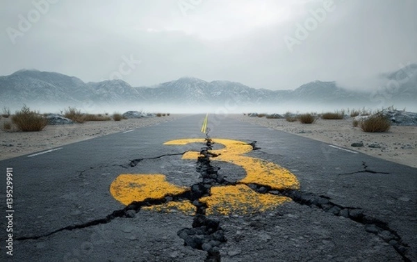 Fototapeta Cracked asphalt number 3 on an empty road surrounded by misty mountains