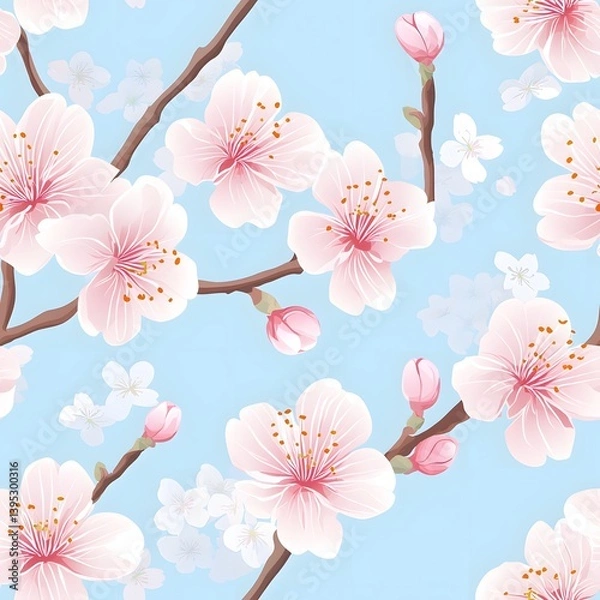 Fototapeta A seamless pattern featu delicate pink cherry blossom flowers and buds on light blue background ideal for wallpaper textile design and sp themed projects showcasing