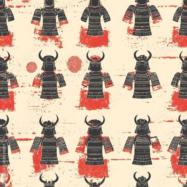 Fototapeta A seamless pattern featu repeating illustrations of antique samurai armor, set against a textured cream background with distressed red accents perfect for wallpaper or fabric