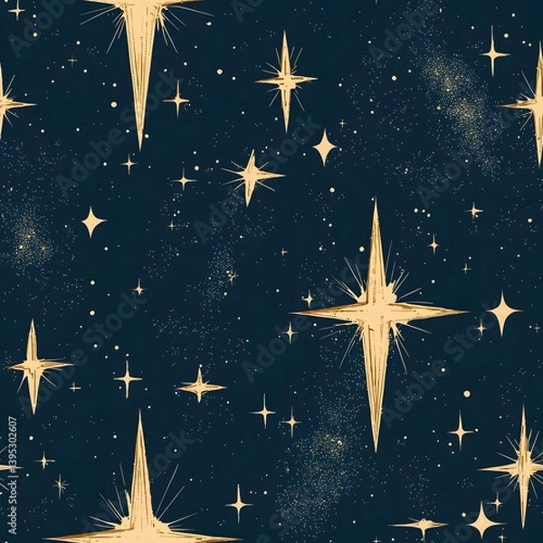 Fototapeta A mesmerizing seamless pattern featu a celestial night sky adorned with twinkling gold stars of varying sizes and a textured dark blue background perfect for wallpaper or