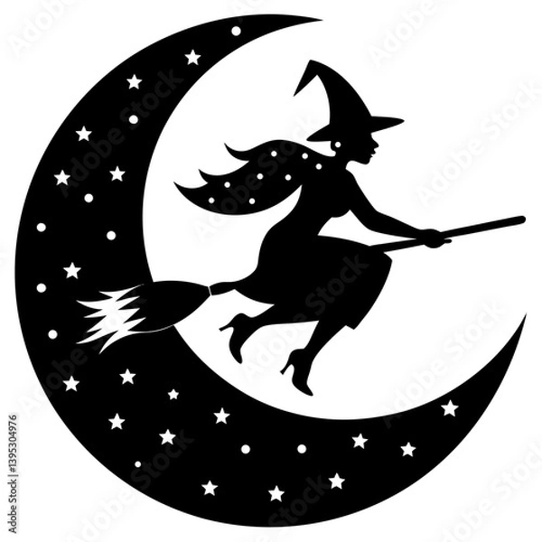 Obraz Classic Halloween silhouette of witch on broomstick. Perfect for spooky posters and digital art.