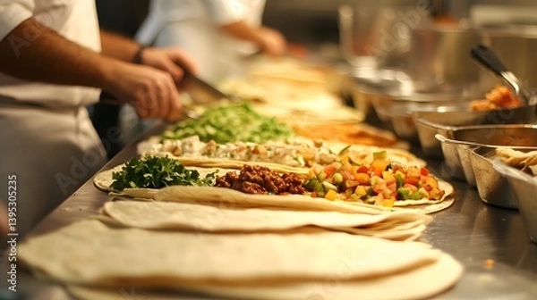 Fototapeta 32. Tiny chefs assembling a grand taco platter, with oversized tortillas and giant fillings