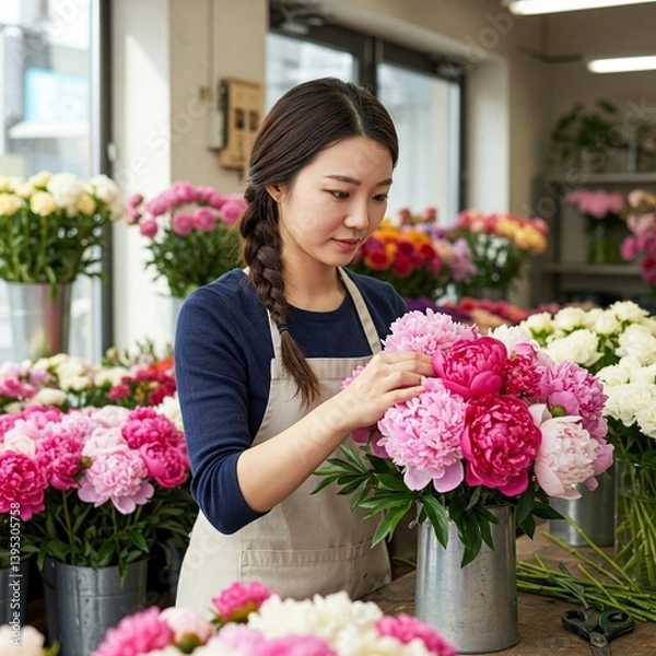 Fototapeta a young asian woman working in a florist shop. She is wearing a blue apron and is arranging a bouquet of colorful flowers. The shop is filled with various flowers and plants.