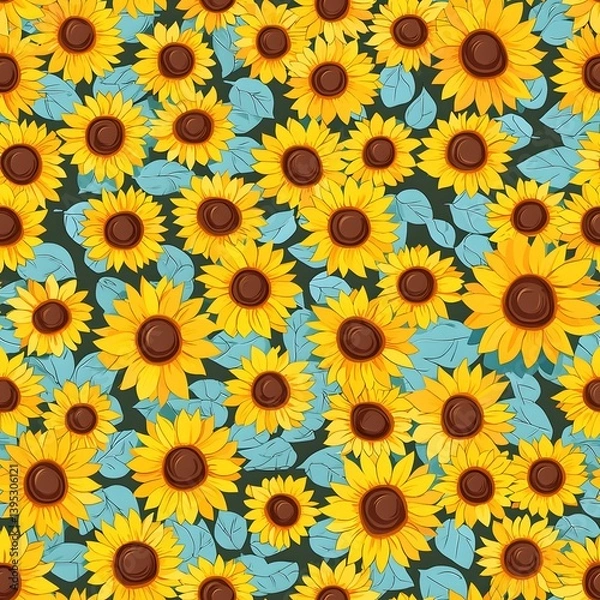 Fototapeta A vibrant seamless pattern featu a profusion of cheerful yellow sunflowers interspersed with delicate teal leaves creating a delightful summery floral background ideal for