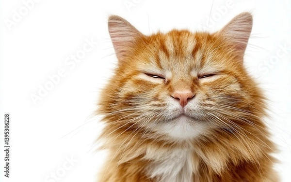 Fototapeta Smiling ginger cat with squinted eyes, content expression, white background, soft shadows, clean high-res portrait