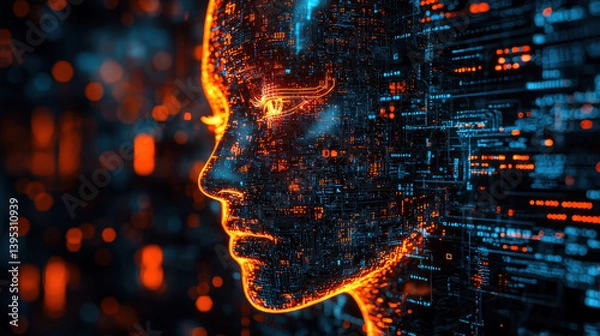 Fototapeta Concept of an open-source robot's brain with transparent circuits and flowing code representing human-like intelligence