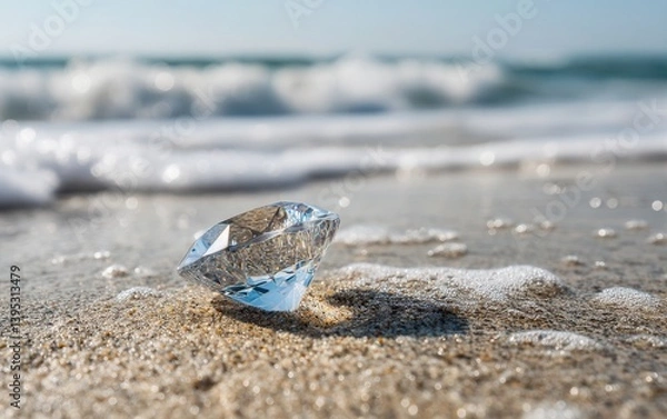 Fototapeta A clear diamond placed on a sandy beach with soft ocean waves in the distance