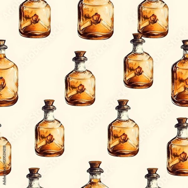 Fototapeta A seamless pattern featu a repeating design of antique alchemist potion bottles filled with a mysterious amber liquid and a rolled parchment scroll inside each bottle, perfect