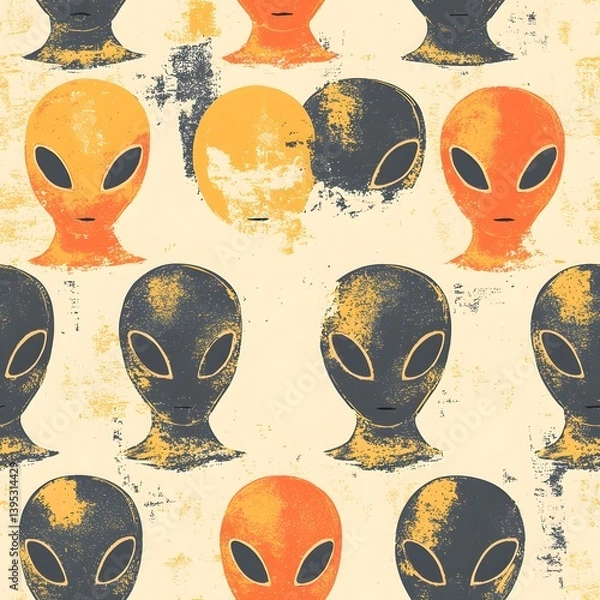 Fototapeta A seamless repeating pattern featu stylized alien heads in shades of orange and gray on a textured off-white background ideal for textile prints or wallpaper designs.