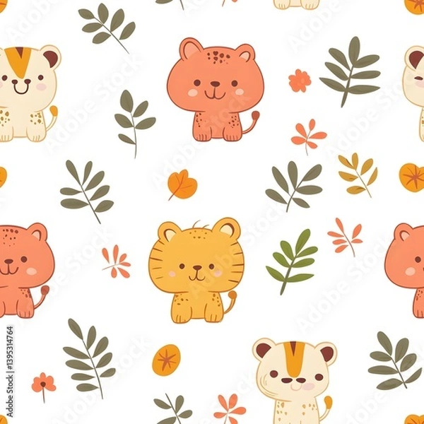 Fototapeta Adorable cartoon lion cubs and autumn leaves create a charming seamless pattern perfect for wallpaper, textile prints, or delightful children's products showcasing a whical