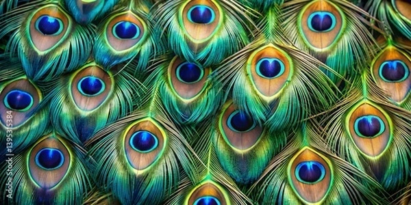Fototapeta Exploring the intricate details of peacock feathers in vibrant colors under natural light  peacock, feathers, macro, colors, nature, patterns, detailed, textures, blue, green, gold