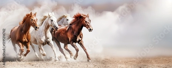 Obraz Herd of horses gallops through the dry grass and dust flies behind them.
