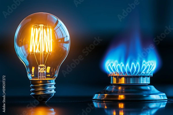 Fototapeta A dynamic position showcases the duality of energy sources, presenting a lit light bulb and a vivid gas flame.