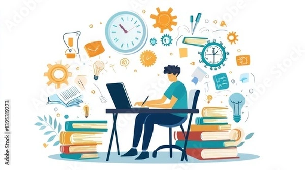 Obraz Young Man Working on Laptop Surrounded by Books and Creative Elements Illustrating Study and Time Management