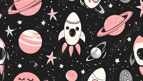 Obraz Cartoon Space Pattern Planets, Rockets, and Stars on Dark Background, Seamless Design