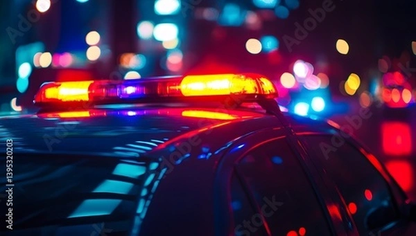 Obraz Police Car Top with Emergency Lights Flashing at Night, Urban Scene, Crime, Law Enforcement