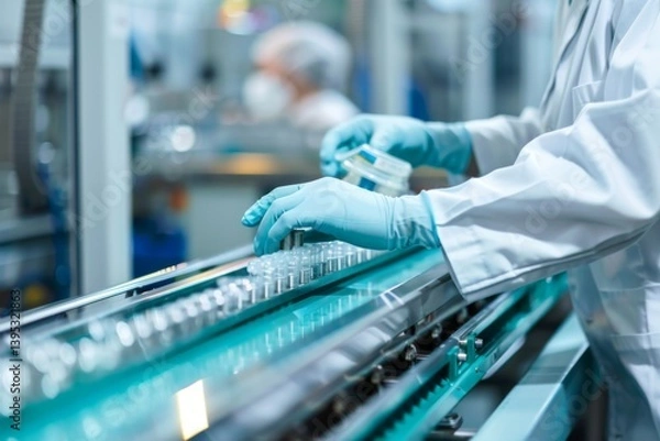 Fototapeta Worker in lab coat and gloves assembling parts on a conveyor belt