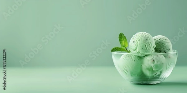 Obraz Banner with mint ice cream balls in a glass bowl with mint leaves on a green background. Photo background with space for text.