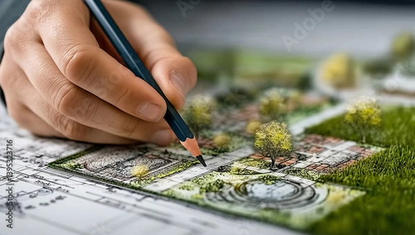 Obraz Creativity Concept, A landscape architect is drawing up an architectural plan for a garden, including the placement of plants and trees