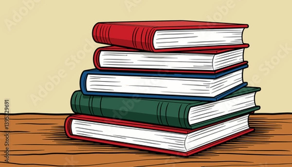 Fototapeta Colorful stack of books on a wooden table  