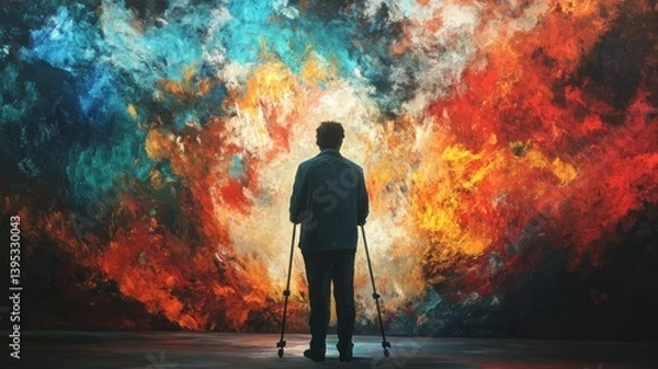Fototapeta A man on crutches gazes at a vibrant, abstract painting; art as inspiration.