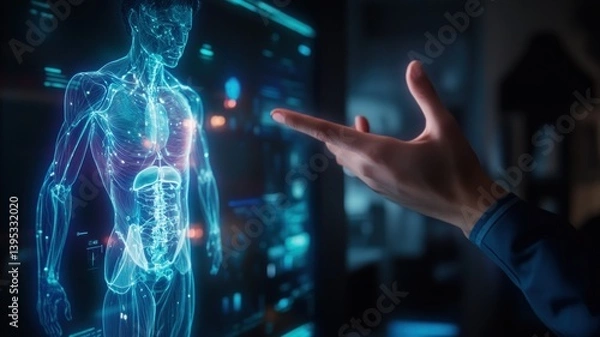 Fototapeta Futuristic human body scan with a hand interacting with the holographic image.