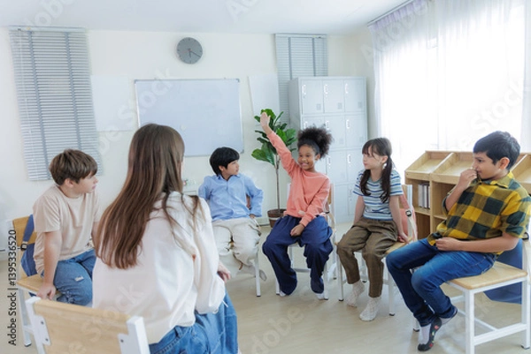 Fototapeta Diversity of elementary students learning in classroom circle discussion