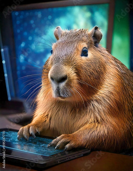 Fototapeta Capybara using digital pen and tablet to AI software to generate images, screen visual