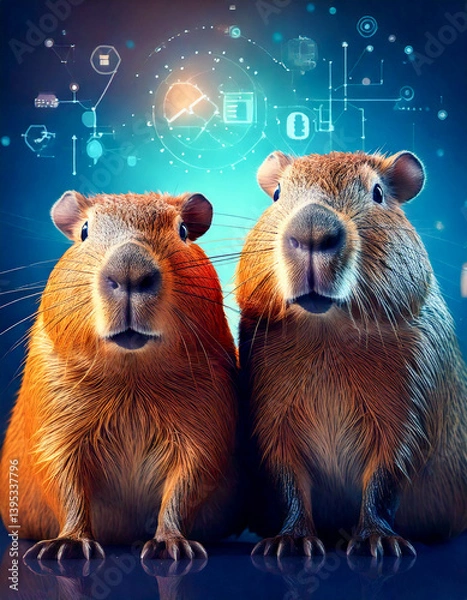 Fototapeta Two cute professional capybara interacts with virtual  screen symbolizing online assessments, surveys, exams, or quizzes