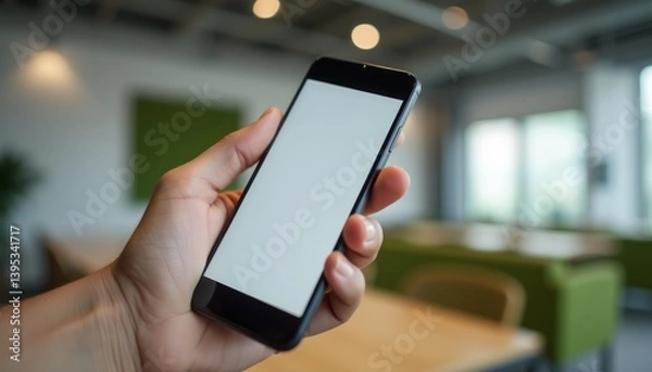 Fototapeta A close-up of a hand gripping a sleek smartphone with a blank display, set against a stylish, contemporary office backdrop. The image captures the essence of modern technology and connectivity