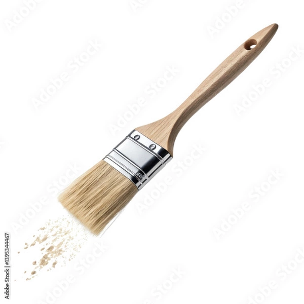 Fototapeta paintbrush with wooden handle and bristles, releasing cloud of paint or powder, symbolizes creativity and artistic expression