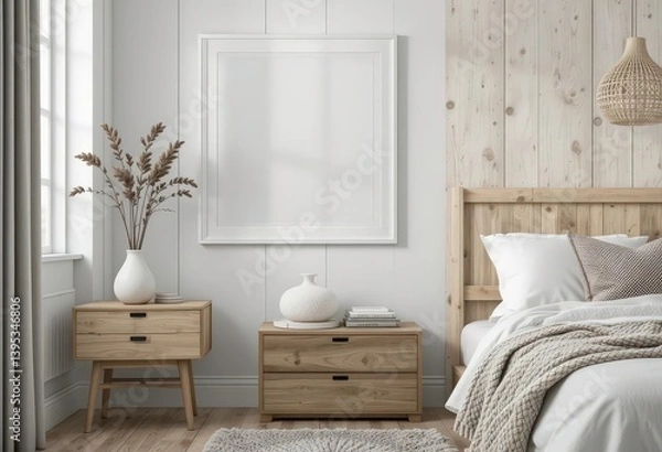 Fototapeta  Side Angle White Photo Frame in a Scandinavian Bedroom with Wooden Bedside Table, Knitted Blanket Simple Decor
