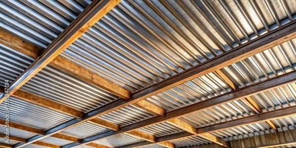 Obraz Modern Architectural Ceiling Design Featuring Wooden Beams and Metal Roofing