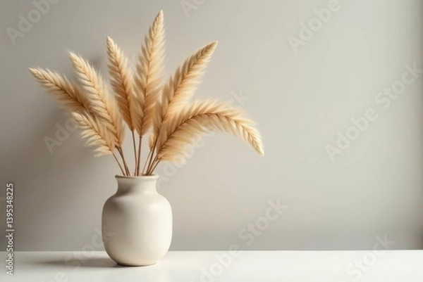 Fototapeta A serene arrangement of pale, dried floral stems in a simple, round vase on a minimalist white surface against a muted background