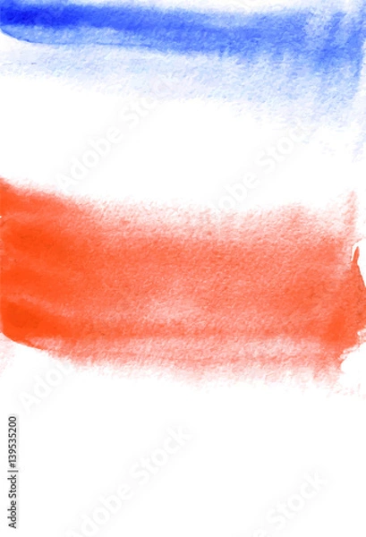 Fototapeta Card with red and blue blots. Watercolor painting for design. Abstract bright textured backdrop. Postcard, banner, logo, invitation. Hand paint isolated on white background. Vector illustration.