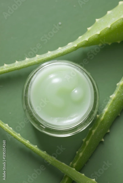 Obraz Top-down product photo of light green cream in glass jar with aloe vera leaves on a muted green background. Natural beauty, spa concept. Minimalist, clean style.