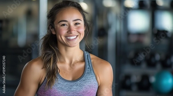 Obraz Confident woman smiling, radiating health and strength, with a blurred gym background.