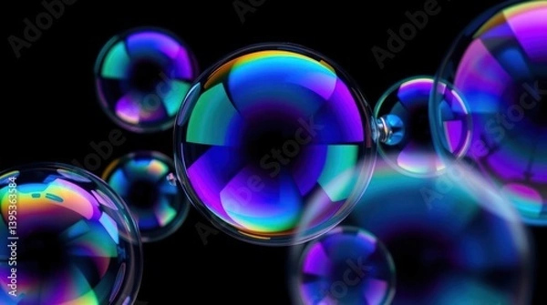 Fototapeta Colorful soap bubbles in motion.  Intricate iridescent patterns against a dark background