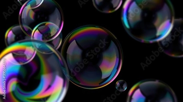 Fototapeta Colorful soap bubbles in motion against a black backdrop.  Displaying iridescent hues and reflections, they float in a dynamic arrangement