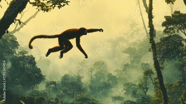 Fototapeta monkey leaping through lush rainforest canopy