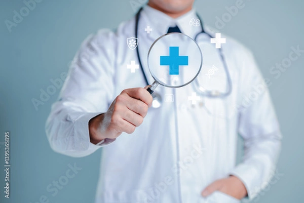 Obraz Medical Professional Examining Health Symbols with Magnifying Glass