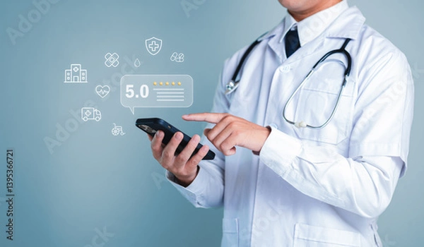 Obraz Doctor with Smartphone Providing Digital Health Solutions and Ratings