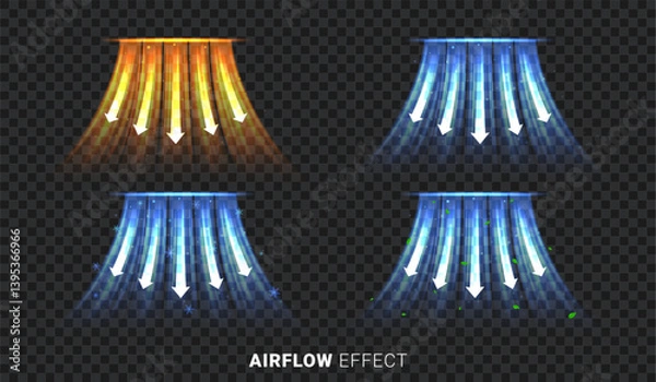 Obraz Set of airflow effects for ac. Realistic vector illustration with cooling and warming airflow effects for decoration of ads of modern split systems. Concept of climate control for air conditioners.