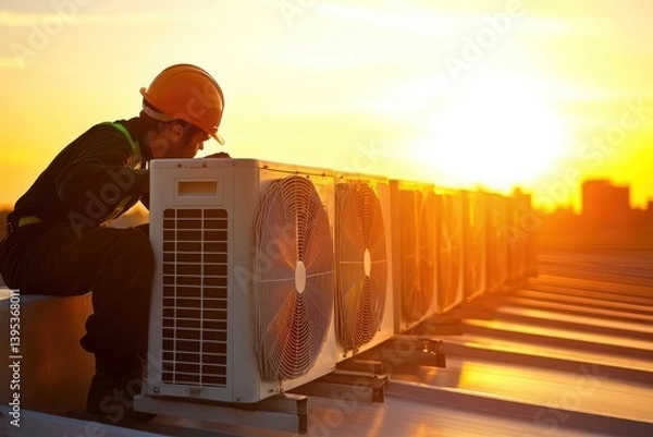 Fototapeta Technician Working on Air Conditioning Unit at Sunset Glow