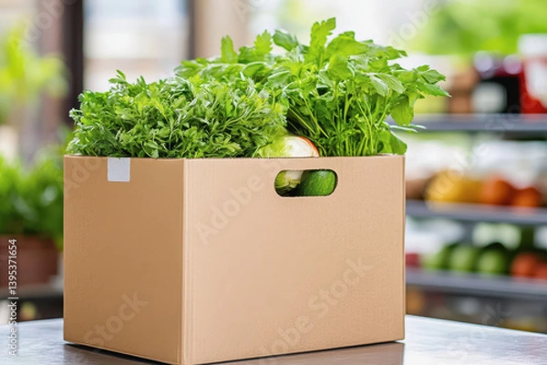 Fototapeta Colorful box of fresh vegetables ready for delivery from grocery subscription services for health-conscious consumers