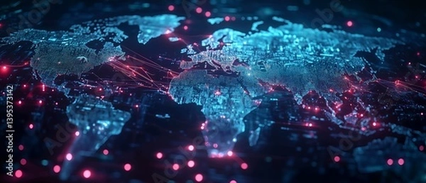Obraz Digital world map with global network connections, data transfer, and connectivity concept. Technology digital future. Background of blue gradient for graphic design, website banner, or presentation