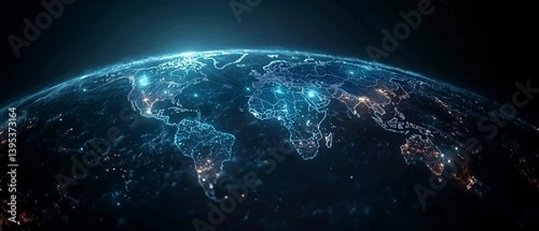 Fototapeta Digital world map with global network connections, data transfer, and connectivity concept. Technology digital future. Background of blue gradient for graphic design, website banner, or presentation