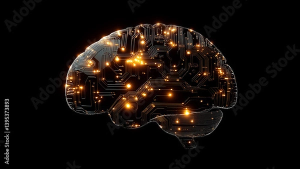 Fototapeta A futuristic brain design glows with light, representing advanced AI concepts in a dark ambiance Generative AI